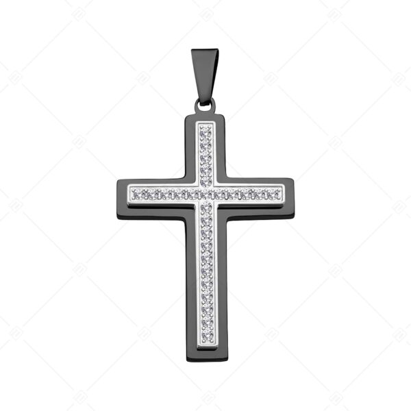 Divine – Kereszt alakú medál cirkónia drágakövekkel, fekete PVD bevonattal
