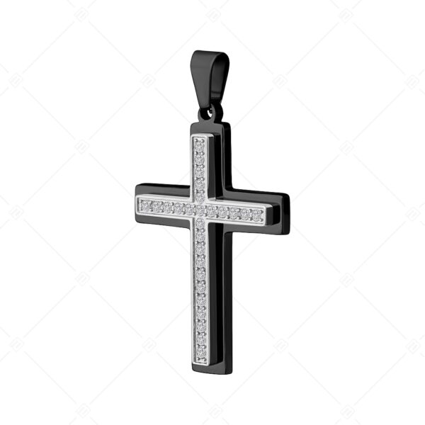 Divine – Kereszt alakú medál cirkónia drágakövekkel, fekete PVD bevonattal